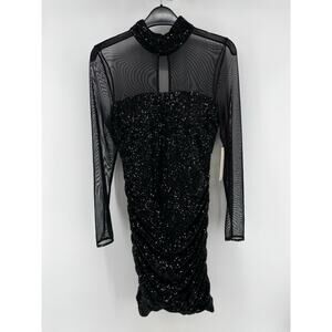 Eliza J Womens Sequin Illusion Embellished Mesh Mock Neck Dress Black Size 6 NWT